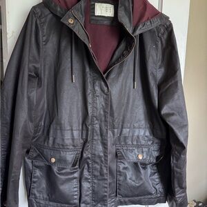 Black Hooded Waxed look Jacket with Burgundy/Plum Lining